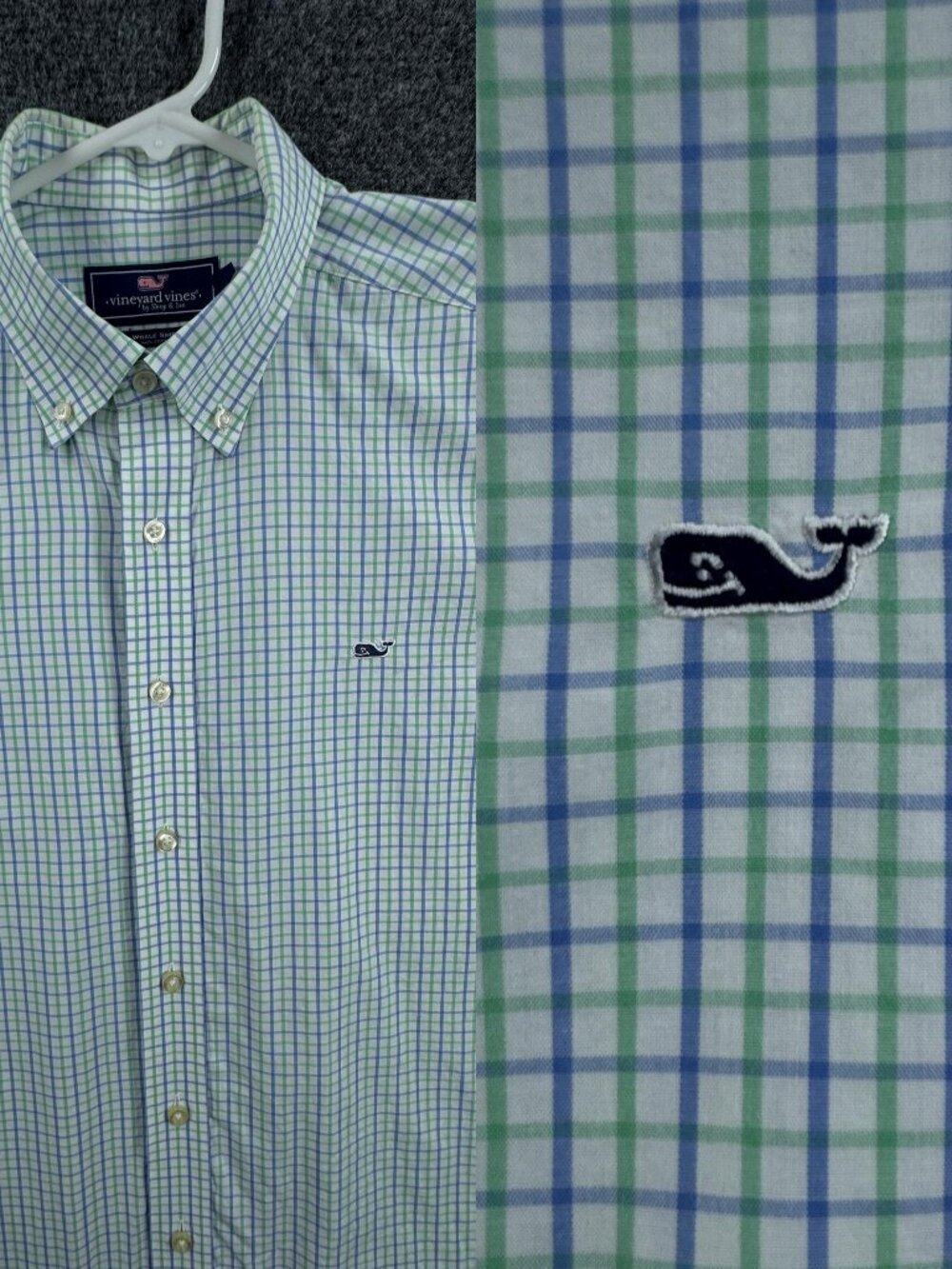 Vineyard Vines Green Blue Cotton Logo Button-Down Large Check Whale Men Shirt